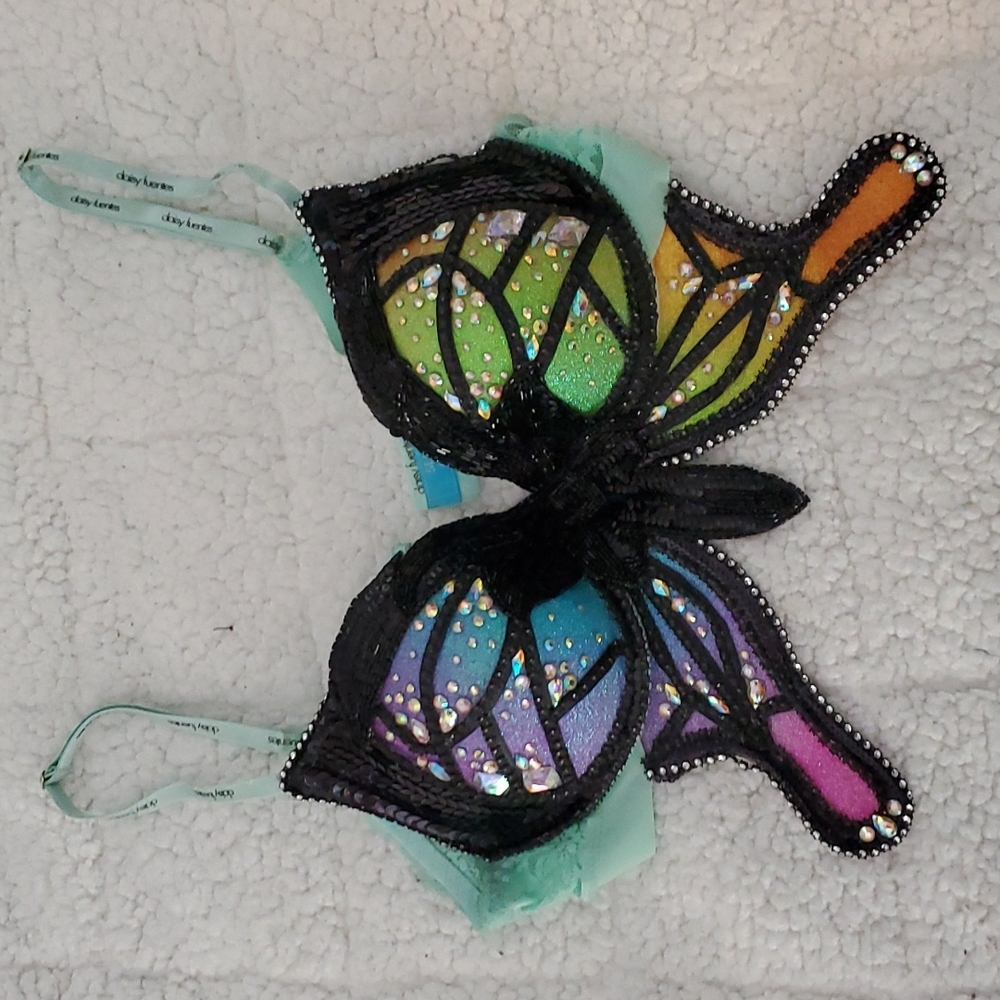Mint Multicolor Butterfly Embellished Bra